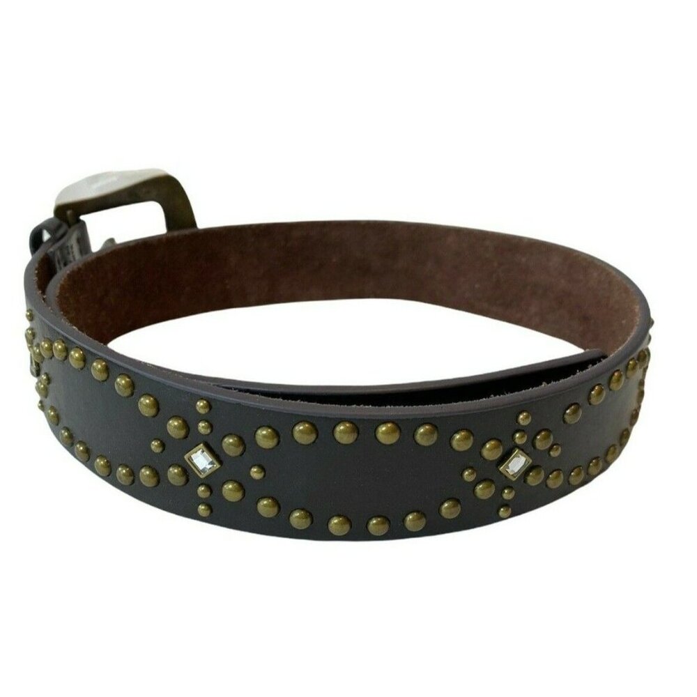 Genuine Brown Leather Metal Studded Bling Belt Buckle Boho Trendy Western 36” - Picture 4 of 7